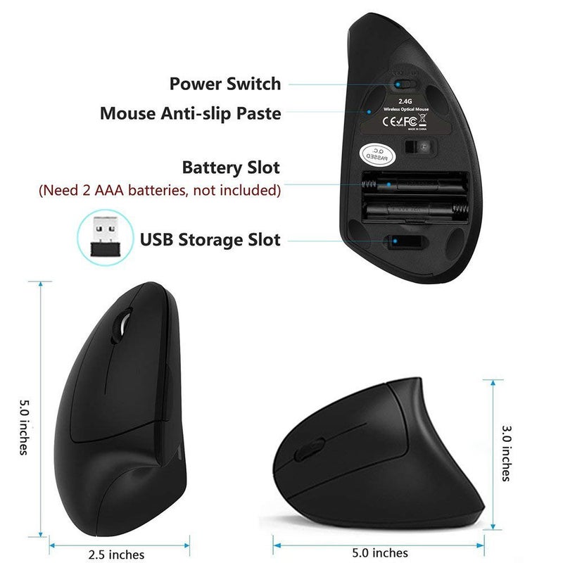 Lekvey Left Handed Mouse, Wireless 2.4 GHz USB Lefty Left Hand Ergonomic Vertical Mouse, Less Noise - Black - Image 3